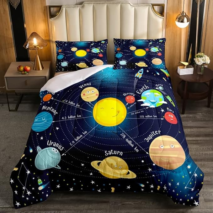 Erosebridal Outer Space Comforter Set Starry Sky Bedding Set Twin Size for Kids Boys Girls Room Galaxy Planet Space Duvet Sets Solar System Cartoon Down Comforter 2 Pieces with 1 Pillow Case, Blue