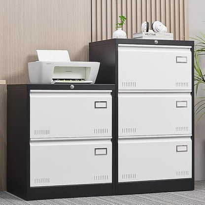 3 Drawer Metal Lateral Lock and Card Holder,Office Vertical Files Storage Cabinets w/Heavy 3 Section Slide Rail & Breathable Holes,for Legal/Letter/A4,Black+White