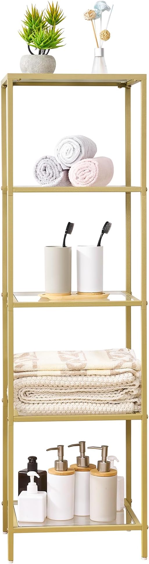 5-Tier Bookshelf,Metal Bookcase,Tempered Glass Shelves,Storage Rack Shelf for Home Office,Living Room,Bedroom, Bathroom,Modern Style,Golden