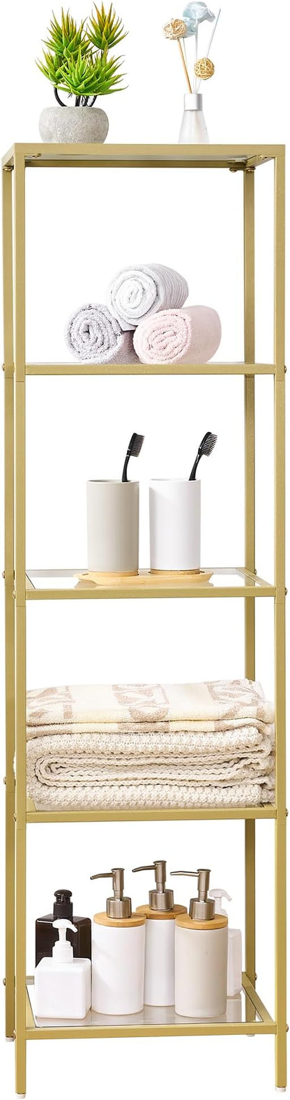 5-Tier Bookshelf,Metal Bookcase,Tempered Glass Shelves,Storage Rack Shelf for Home Office,Living Room,Bedroom, Bathroom,Modern Style,Golden