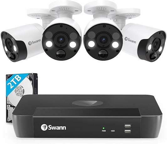 Swann Home Security Camera System with 2TB HDD, 8 Channel 4 Cam, POE Cat5e NVR 4K HD Video, Indoor or Outdoor Wired Surveillance CCTV, Color Night Vision, Heat Motion Detection, LED Lights, 886804FB