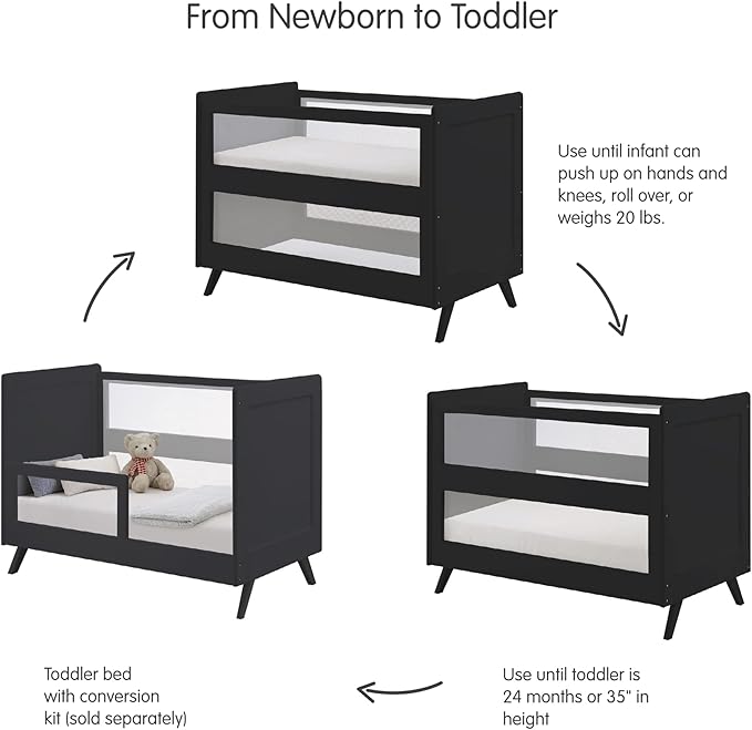 BreathableBaby Breathable Mesh 3-in-1 Convertible Crib (Toddler Bed Kit Sold Separately) — Black — Two Adjustable Mattress Heights — Greenguard Gold Certified