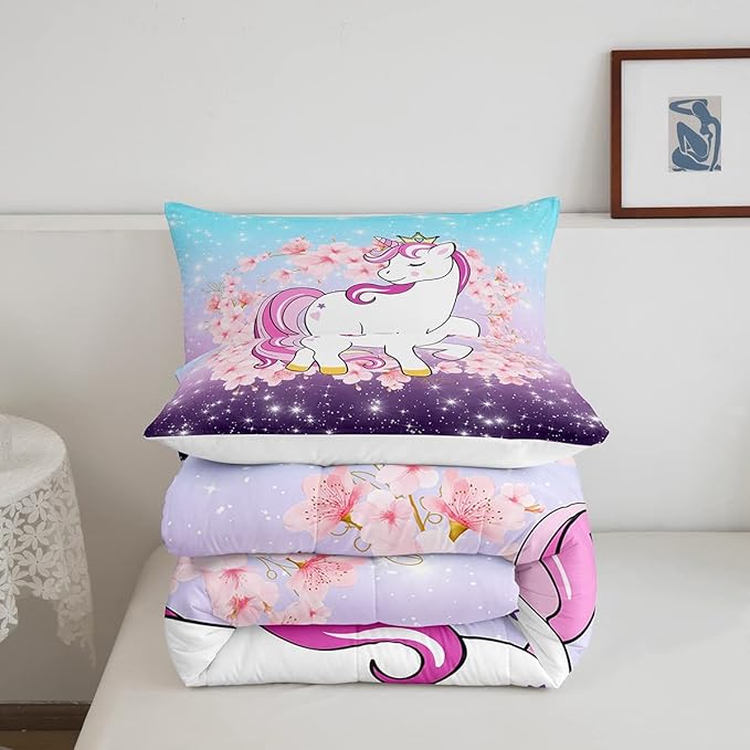 Unicorn Comforter Set Full, Kids Unicorn Floral Bedding for Girls Boys Children Bedroom Decor, Cherry Blossoms Glitter Down Comforter Galaxy Kawaii Quilt Set with 2 Pillowcases, Blue Purple Ombre