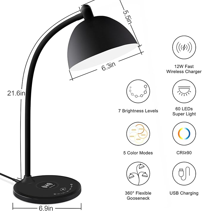 BOHON Desk Lamp, LED Desk Lamp with USB Charging Port, Wireless Charger Desk Light for Home Office, 5 Colors 7 Levels Brightness, Touch Table Lamp for Bedroom Bedside College Dorm Reading, Black
