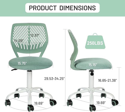 Desk Chair Armless, Kids Office Chair Compact Rolling Fabric Seating Cushion and Plastic Low-Back, Height Adjustable Small Study Computer Task Chair for Student Children Teens with Wheels, Aqua