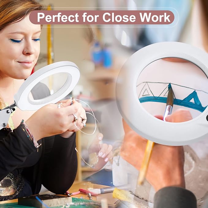 Veemagni 10X Magnifying Glass with Light with Clamp, 5 Color Modes Stepless Dimmable, Adjustable Swing Arm LED Lighted Desk Lamp, Hands Free Magnifier with Light and Stand for Craft Hobby Close Works
