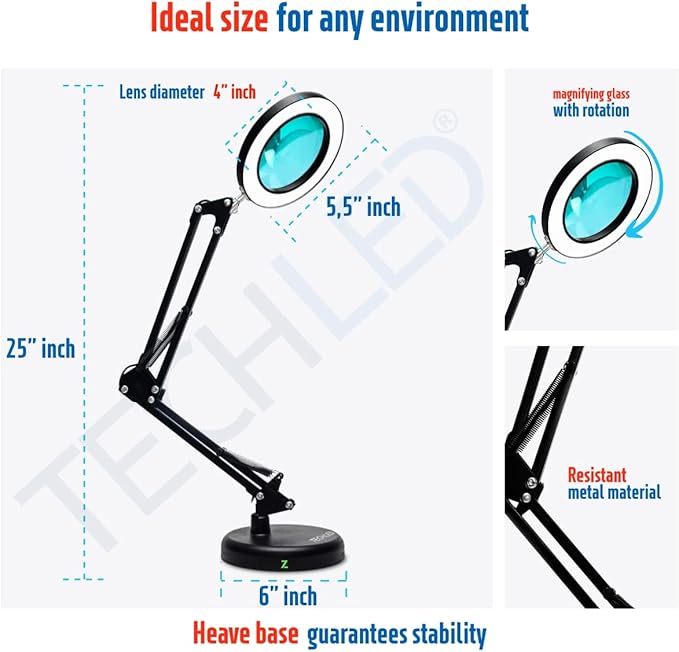Magnifying Glass with Light and Stand, Desk Ring Light, 3 Color Modes Stepless Dimmable, Desk Lamp, Clamp Light, Office Desk Lamp for Close Work, Repair, Reading, 12w, Adjustable Desk Lamp