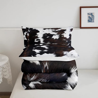 Brown Cowhide Comforter Set Full,Black White Aztec Cow Print Bedding Set Western Farmhouse Animal Fur Down Comforter for Kids Boys Girls,Rustic Cowboy Quilt Duvet Set 2 Pillow Cases Bedroom Decor