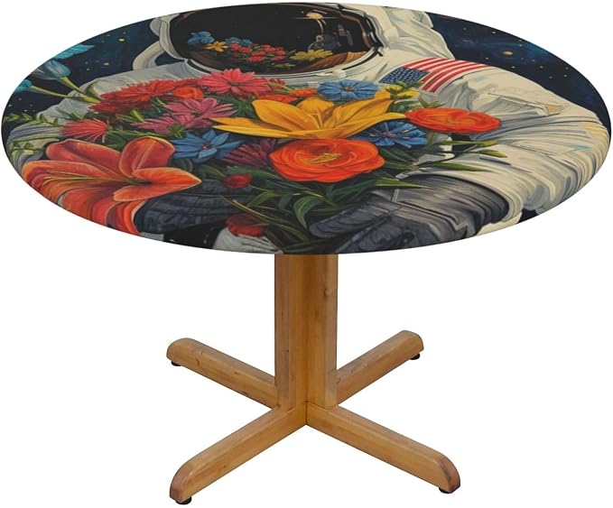 Astronaut with Flowers in Space Round Tablecloth Fitted Table Cover The Flower Seller Washable Tablecloths for Kitchen Dining Party 40-44 Inch