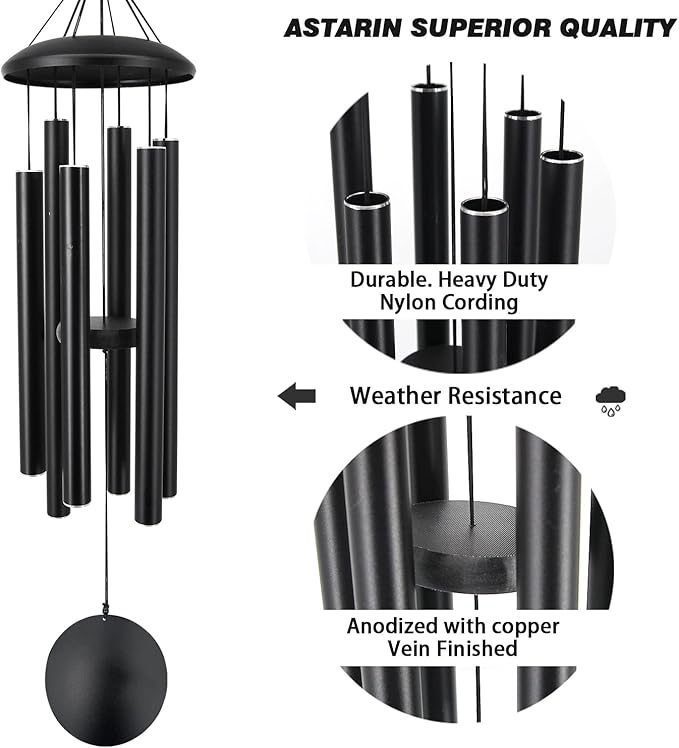 ASTARIN Outdoor Memorial Wind Chimes, 36 in with 6 Heavy Tubes, Deep Tone for Garden Hanging Decor, Sympathy Gifts. Black