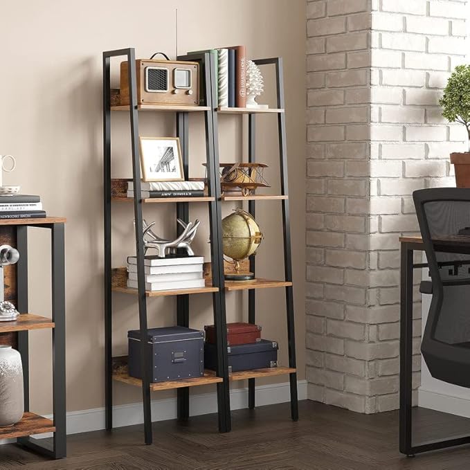 VASAGLE Bookshelf, 4-Tier Narrow Bookcase, Ladder Shelf for Home Office, Living Room, Bedroom, Kitchen, Rustic Brown and Ink Black ULLS108B01