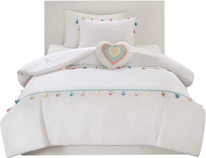 Mi Zone Kids Tessa Cozy Comforter Set, Colorful Fun Design All Season Children Bedding Girls Bedroom Décor, Twin, White with Colorful Tassel 3 Piece