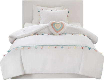 Mi Zone Kids Tessa Cozy Comforter Set, Colorful Fun Design All Season Children Bedding Girls Bedroom Décor, Twin, White with Colorful Tassel 3 Piece