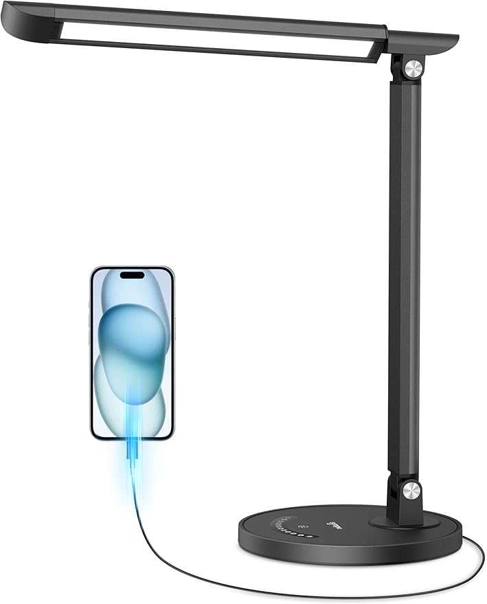 LED Desk Lamp, Metal Desk Light 12W 550lm, Dimmable Touch Control Lamp with USB Charging Port, Eye-Caring Desk Light with 5 Color Modes with 7 Brightness Levels, for Home, Office, School, Black