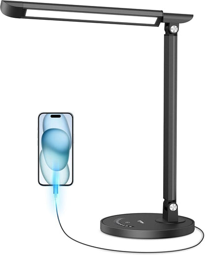 LED Desk Lamp, Metal Desk Light 12W 550lm, Dimmable Touch Control Lamp with USB Charging Port, Eye-Caring Desk Light with 5 Color Modes with 7 Brightness Levels, for Home, Office, School, Black