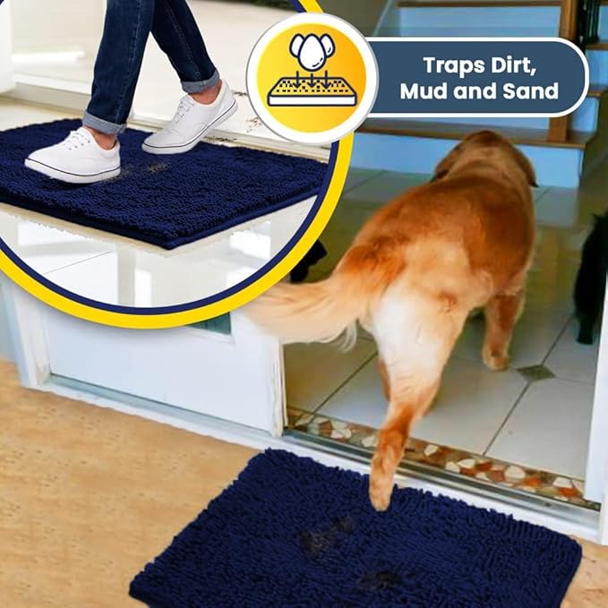 Muddy Mat® Shown on TV – Super Absorbent Microfiber Dog Door Mat for Muddy Paws, Non-Slip Washable Pet Rug, Quick Dry Chenille Entryway Carpet, Machine Washable Indoor Outdoor mat, Navy Blue 59"x35"