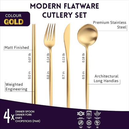 Matte Gold Utensils Set - 16-piece KiiZYs Cutlery Stainless Steel Silverware - Flatware Set Korean Chopsticks Fork Spoon Knife - Cubiertos Dorados Dishwasher Safe Gift Box (Gold, Service for 4)