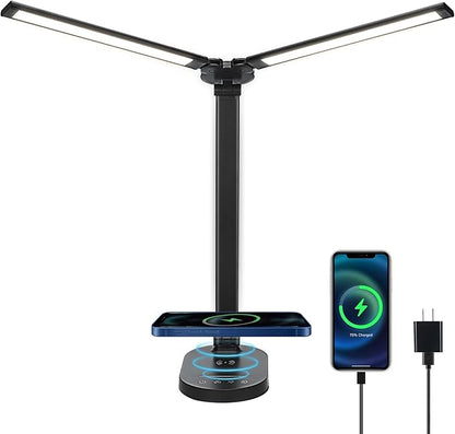 Lightess LED Desk Lamp with Wireless Charger, USB Charging Port, Adjustable Foldable Dual Swing Arm Desk Light Dimmable Eye-Caring Desk Lamp, Touch Control, Home Office Desk Lights for Work Study