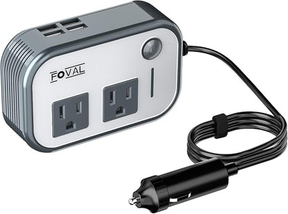 200W Car Power Inverter, FOVAL 12V DC to 110V AC Car Inverte with 4 USB Ports Car Outlet Adapter, Power Inverter for Vehicles, Car Plug Adapter Outlet for Laptop Computer Charger (Gray)