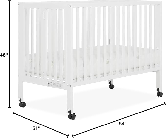 Quinn Full-Size Folding Crib In White, Removeable Wheels, Modern Nursey, Adjustable Mattress Support, Portable Crib, Patented Folding System