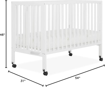 Quinn Full-Size Folding Crib In White, Removeable Wheels, Modern Nursey, Adjustable Mattress Support, Portable Crib, Patented Folding System