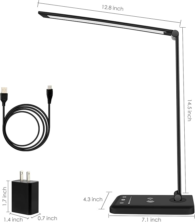LED Desk Lamp with Wireless Charger, Dimmable Office Lamp with USB Charging Port, Eye- Caring Desk Lamps, Bright with 5 Lighting Modes, Touch Control Auto Timer