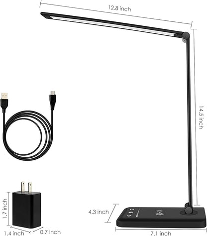 LED Desk Lamp with Wireless Charger, Dimmable Office Lamp with USB Charging Port, Eye- Caring Desk Lamps, Bright with 5 Lighting Modes, Touch Control Auto Timer