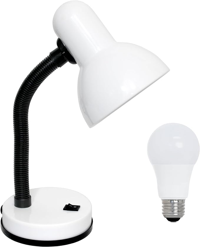 Simple Designs LD1003-WHT-LB 14.25" Basic Metal Desk Lamp with Flexible Hose Neck for Office, Living Room, Bedroom, College Dorm, Bookshelf, White, with Feit LED Bulb Included