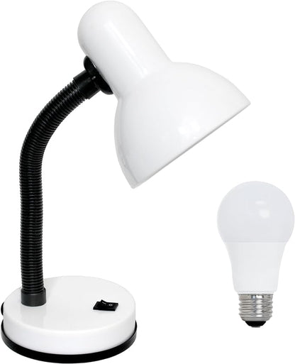 Simple Designs LD1003-WHT-LB 14.25" Basic Metal Desk Lamp with Flexible Hose Neck for Office, Living Room, Bedroom, College Dorm, Bookshelf, White, with Feit LED Bulb Included
