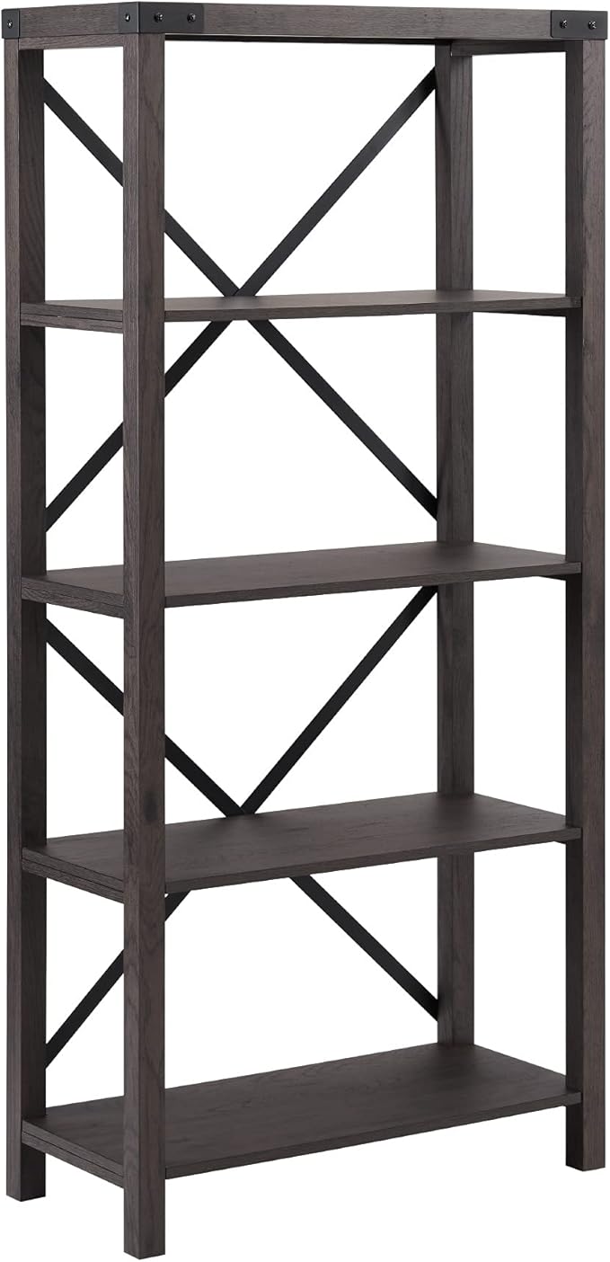 Walker Edison Andersen Urban Industrial Metal X-Back Bookshelf, 64 Inch, Sable Grey