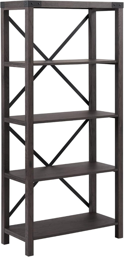 Walker Edison Andersen Urban Industrial Metal X-Back Bookshelf, 64 Inch, Sable Grey