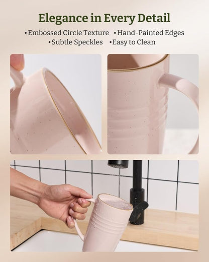 famiware Jupiter Large Coffee Mug, 20oz Coffee Mug with Lid, Ceramic Mugs Set of 2, Cup Set with Handle for Latte, Tea, Cocoa, Milk, Microwave and Dishwasher Safe, Light Pink and Vanilla White