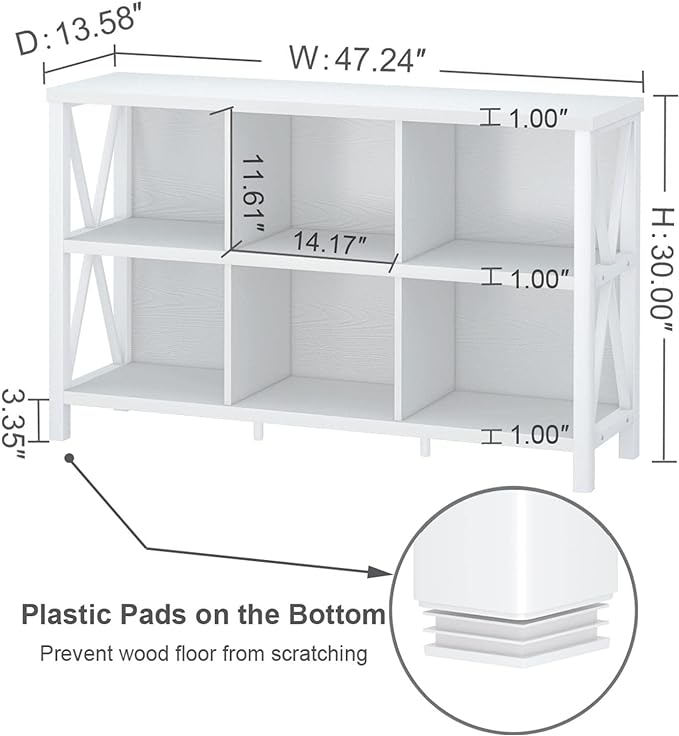 FATORRI 6 Cube Storage Organizer with Shelf, Long Wood and Metal Cubby Bookcase, Industrial Horizontal Bookshelf (White Oak, 47 Inch)