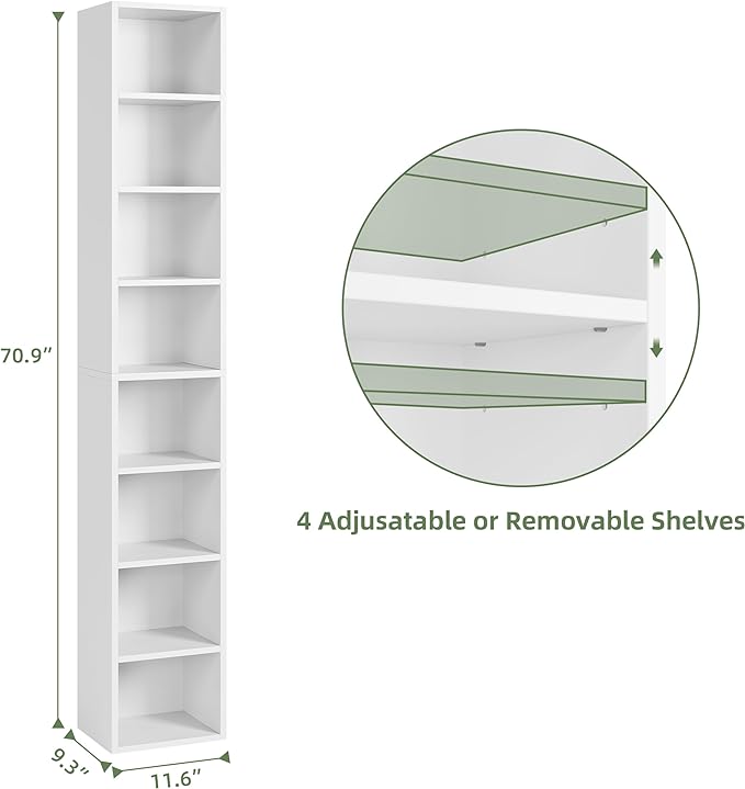 71 Inches Tall Narrow Bookshelf, 8-Tier CD DVD Slim Media Tower Rack, Corner Bookcase with Adjustable Shelves, Skinny Cubes Bookshelves for Home Office Small Space, White