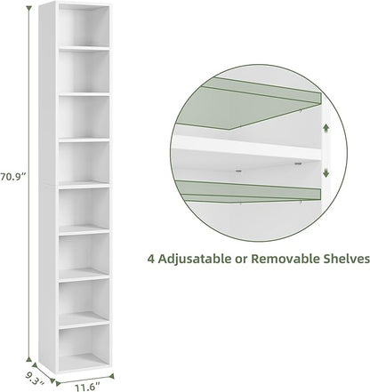 71 Inches Tall Narrow Bookshelf, 8-Tier CD DVD Slim Media Tower Rack, Corner Bookcase with Adjustable Shelves, Skinny Cubes Bookshelves for Home Office Small Space, White