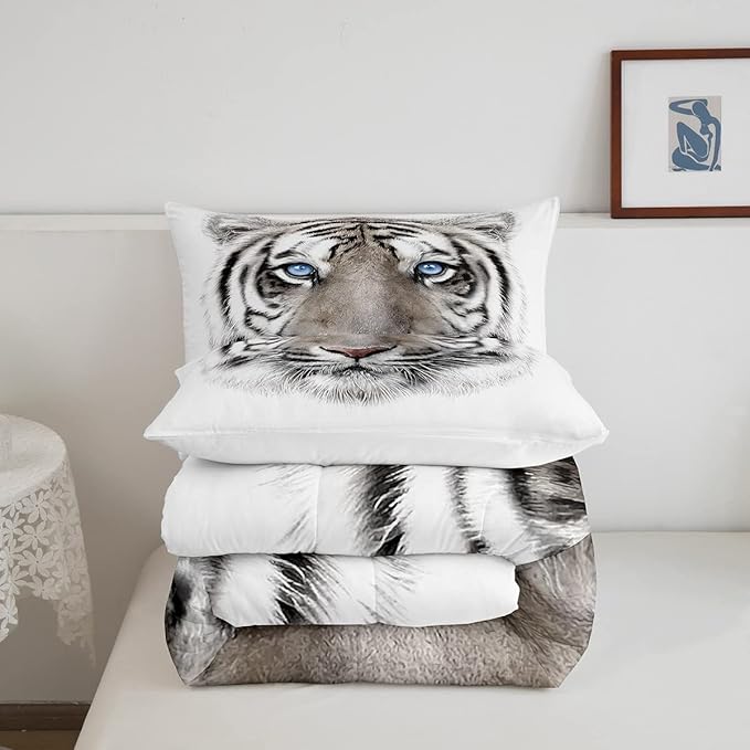 Erosebridal Boys Tiger Comforter Set King Size, Wild Animal Print Down Comforter for Boys Girls Teens Adult Bedroom, Grey Tiger Skin Duvet Insert Black White Stripe Bedding Comforters for Bedroom
