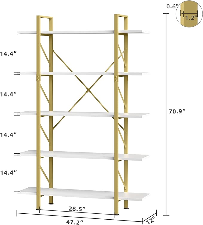YITAHOME 5 Tier Gold Bookshelf, 70.9" Tall Modern Wide Bookcase, Open Storage Rack Shelves in Living Room/Bedroom/Home/Office, Books Holder Organizer for Books/Plants, Gold & White