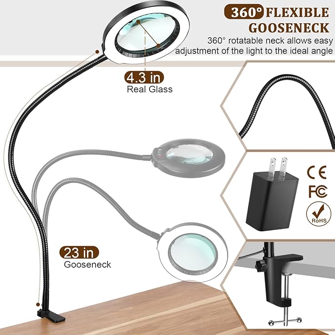 VEEMAGNI 10X Magnifying Glass with Light and Clamp, 23" Gooseneck 5 Color Modes Stepless Dimmable LED Desk Lamp, Real Glass Table Lighted Magnifier Hands Free for Craft Painting Sewing Close Work