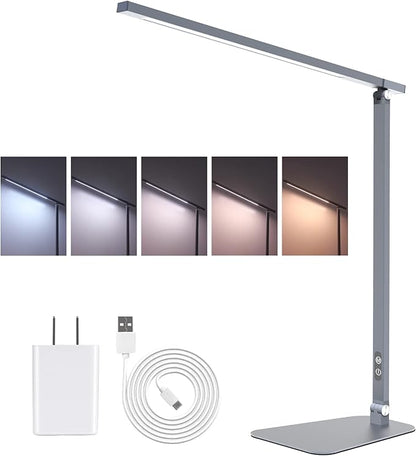 LED Desk Lamp Touch Control Aluminum Alloy Study Table Lamp Dimmable Eye-Caring,Bright Angle Adjustable Timer Portable Desk Light Wired for Home/Office/Dorm Work Reading Light with USB Cable