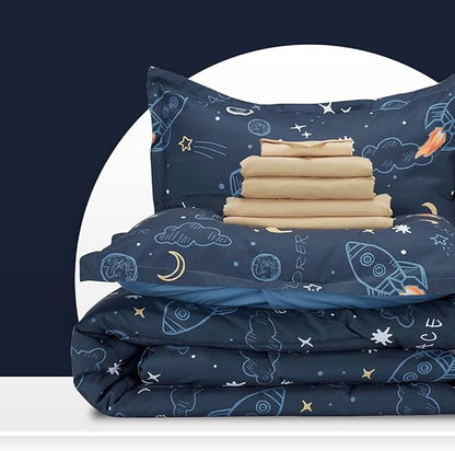 SLEEP ZONE Kids Twin Bedding Comforter Set - Super Cute & Soft Kids Bedding 5 Pieces Set with Comforter, Sheet, Pillowcase & Sham (Space Rocket)