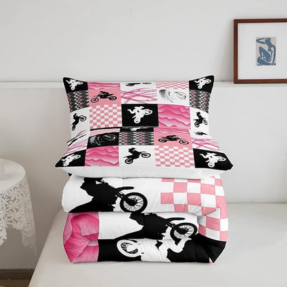 Motocross Comforter Set, Dirt Bike Bedding Sets & Collections Full, Motorcycle Rider Down Comforter For Kids Boys Girls, Motorbike Extreme Sport Game Comforter Set, Buffalo Plaid, Pink Grey Black