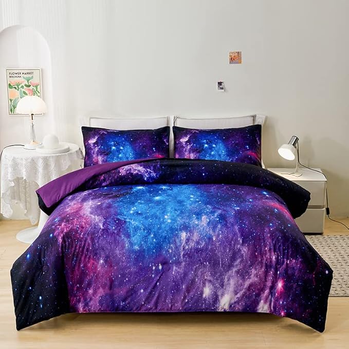 Galaxy Bedding Twin,Girls Purple Comforter Set,Twin Size Comforter Set for Boys Kids,Teen Girl Bedding Set Twin,Space Bedding,Kids Comforter Set for Girls,Twin Girl Comforter Set