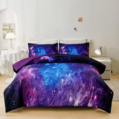 Galaxy Comforter Set,Girls Purple Bedding Set Full,Galaxy Bedding Set for Kids Girls Boys,Space Comforter Set Full with Pillowcase,Girls Full Comforter Set