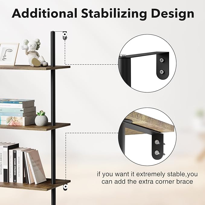 5 Tier Ladder Shelf Bookcase, Extra Sturdy Modern Bookshelf Wall Mounted, Tall Black Open Book Shelf, Standing Industrial Metal Frame with Wooden Shelves, 67“ (H) × 17(W)