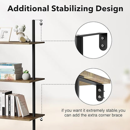 5 Tier Ladder Shelf Bookcase, Extra Sturdy Modern Bookshelf Wall Mounted, Tall Black Open Book Shelf, Standing Industrial Metal Frame with Wooden Shelves, 67“ (H) × 17(W)