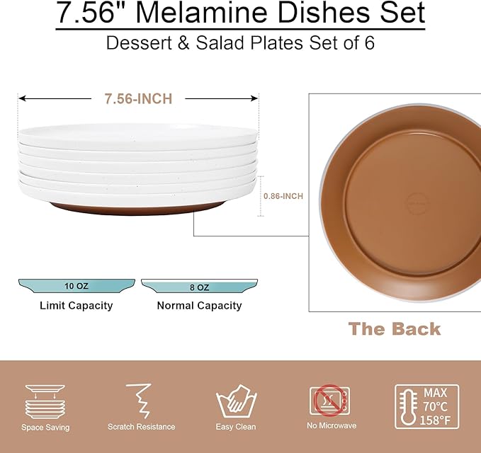 Webbylee Melamine Dessert Plates Set of 6-7.56" Serving Durable Dishes Perfect for Kitchen Outdoor Use,Durable Small Plates for Salad-White & Brown