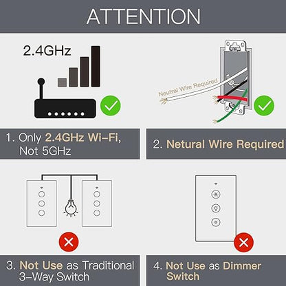 MOES 2.4GHz WiFi Wall Touch Smart Switch Neutral Wire Required, 3 Way Multi-Control, Glass Panel Light Switch Work with Smart Life/Tuya App, RF433 Remote Control, Alexa and Google Home Black 3 Gang
