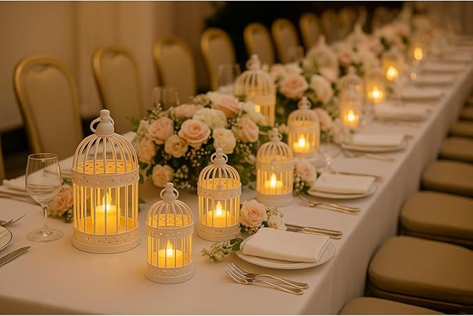 Vela Lanterns Bird Cage Decor Candle Holder Lantern Decorative Wedding Table Centerpiece Decorations, White, Small, Set of 4