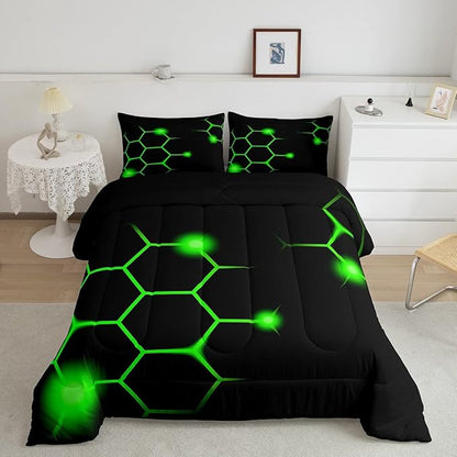 Hexagonal Comforter Set Geometric Honeycomb Bedding Set for Kids Adults Neon Green Black Comforter Modern Hexagon Beehive Quilt Set Ultra Soft Room Decor Queen Size Bedroom Collection 3Pcs