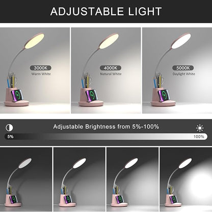 LED Desk Lamp with Wireless Charger for Home Office, Small with Pen Holder, 800LM,3 Color Modes,Gooseneck, Eye-Caring White Desk Lamps for Home College Dorm Room,Pink